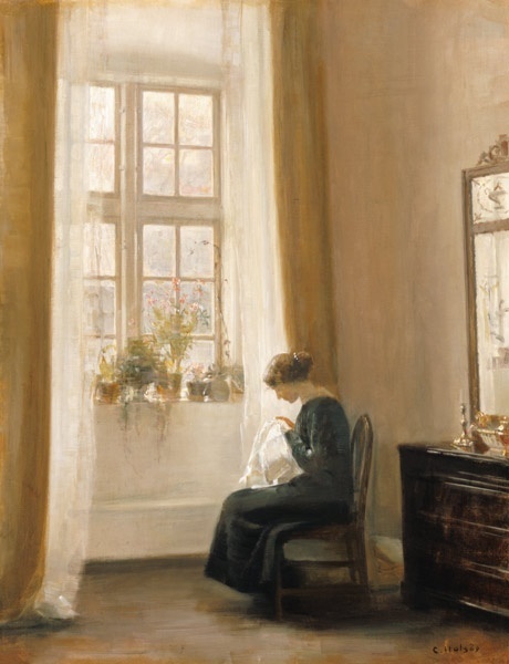 Een handwerkend meisje bij het raam - Carl Holsoe