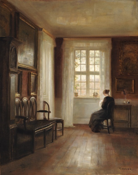 Een meisje aan het handwerken in interieur - Carl Holsoe